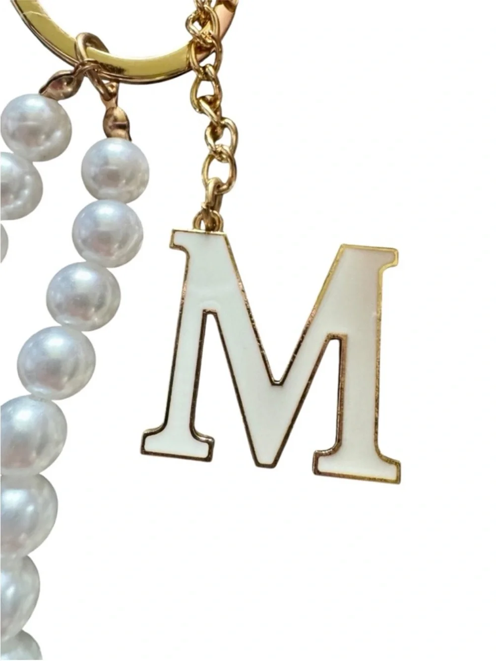 Gold Initial 'M' Pearl & Pink Pom Keychain Charm • BRAND NEW